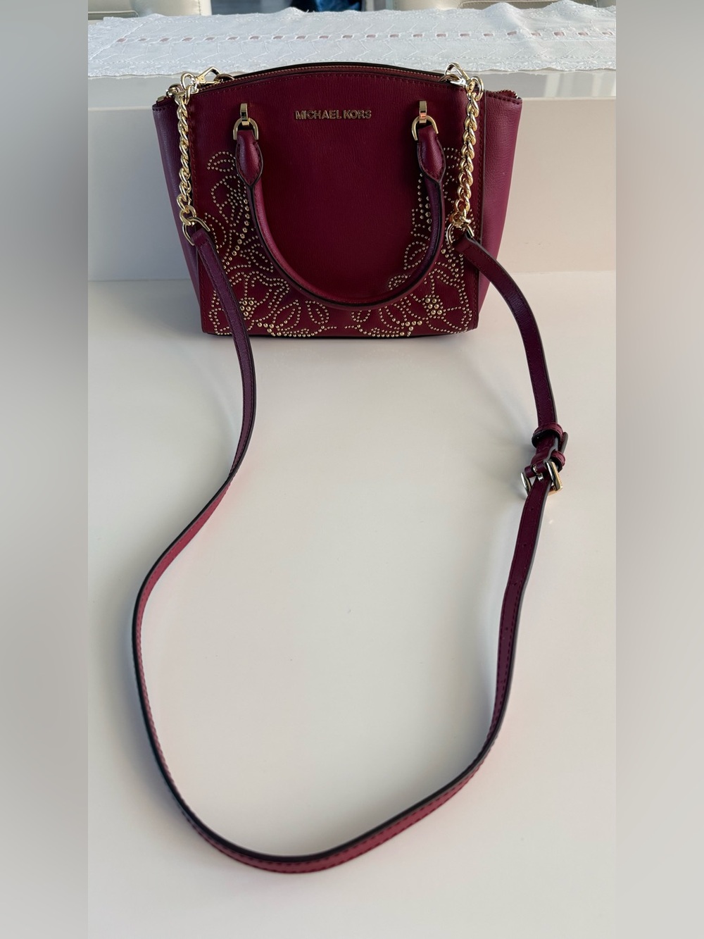 MICHAEL KORS Ellis Mulberry Convertible Leather Satchel with Gold Studs design - Picture 8 of 9